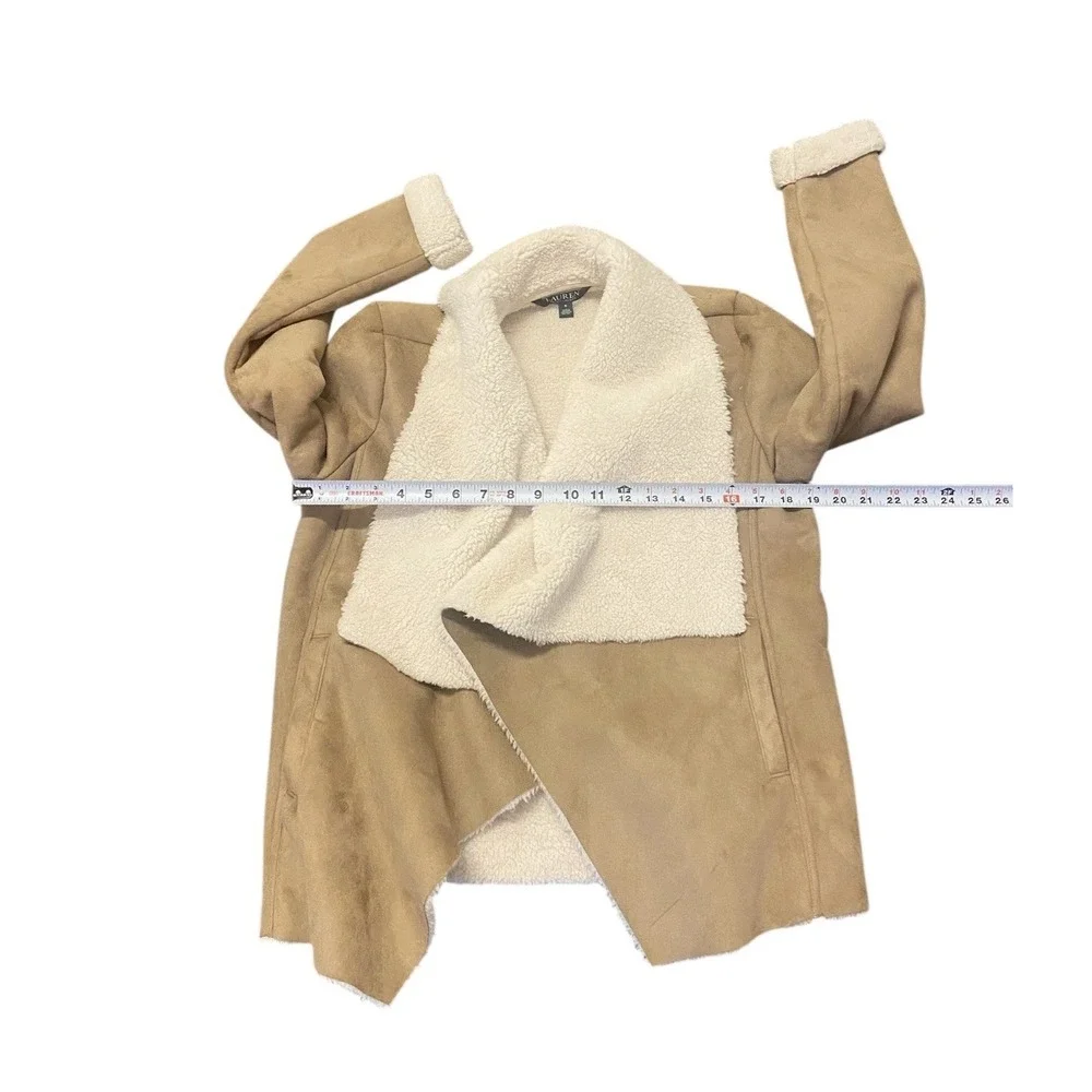Ralph Lauren Faux Suede Sherpa Fleece Draped Front Luxury Jacket Tan Beige Small